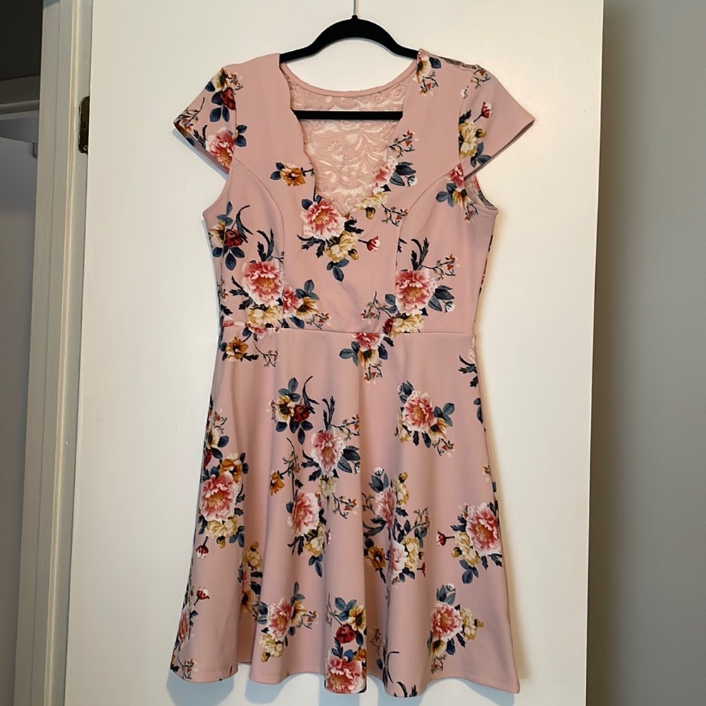 Cute, Pink, Floral, Sun Dress with Lace Back